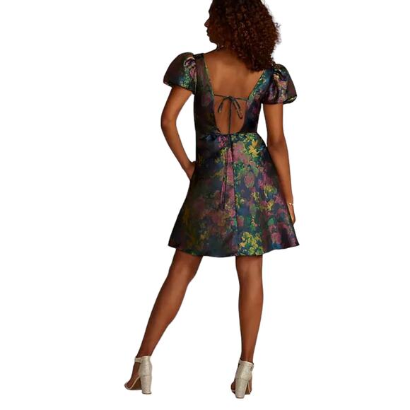 DB STUDIO Puff Sleeve Open Back Brocade A-Line Metallic Mini Dress Size 10 - Picture 3 of 12